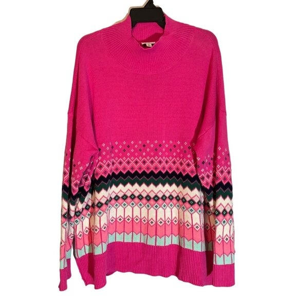 Crown & Ivy Women's Fair Isle Knit Sweater Pink Size 1X Cotton & Acrylic - Picture 1 of 10